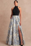 Dusty Blue Jacquard Floral Long Wedding Guest Dress with Slit