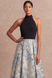 Dusty Blue Jacquard Floral Long Wedding Guest Dress with Slit