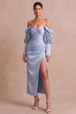 Light Blue Sheath Satin Ruched Long Wedding Guest Dress with Slit