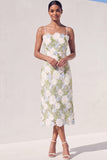 Green Floral Sheath Appliqued Midi Wedding Guest Dress