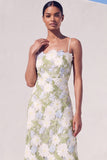 Green Floral Sheath Appliqued Midi Wedding Guest Dress