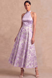Lilac Jacquard A Line Halter Backless Long Wedding Guest Dress