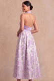 Lilac Jacquard A Line Halter Backless Long Wedding Guest Dress