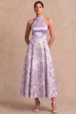 Lilac Jacquard A Line Halter Backless Long Wedding Guest Dress