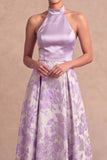 Lilac Jacquard A Line Halter Backless Long Wedding Guest Dress