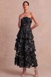 Fuchsia Floral Appliqued A Line Tiered Maxi Wedding Guest Dress