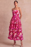 Fuchsia Floral Appliqued A Line Tiered Maxi Wedding Guest Dress