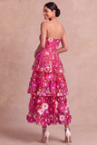 Fuchsia Floral Appliqued A Line Tiered Maxi Wedding Guest Dress