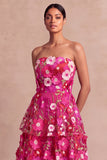 Fuchsia Floral Appliqued A Line Tiered Maxi Wedding Guest Dress