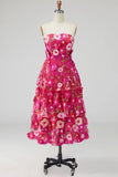 Fuchsia Floral Appliqued A Line Tiered Maxi Wedding Guest Dress