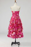 Fuchsia Floral Appliqued A Line Tiered Maxi Wedding Guest Dress