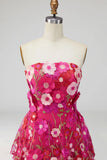 Fuchsia Floral Appliqued A Line Tiered Maxi Wedding Guest Dress