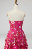 Fuchsia Floral Appliqued A Line Tiered Maxi Wedding Guest Dress