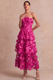 Fuchsia Floral Appliqued A Line Tiered Maxi Wedding Guest Dress