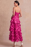 Fuchsia Floral Appliqued A Line Tiered Maxi Wedding Guest Dress