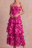 Fuchsia Floral Appliqued A Line Tiered Maxi Wedding Guest Dress