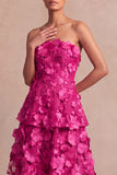 Fuchsia Floral Appliqued A Line Tiered Maxi Wedding Guest Dress