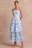 Leely Women Blue Floral Appliqued Maxi Wedding Guest Dress A Line Tiered Strapless Garden Party Dress