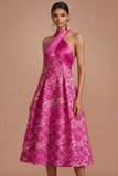 Fuchsia Floral Jacquard Halter A Line Midi Wedding Guest Dress