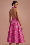 Fuchsia Floral Jacquard Halter A Line Midi Wedding Guest Dress
