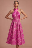 Fuchsia Floral Jacquard Halter A Line Midi Wedding Guest Dress