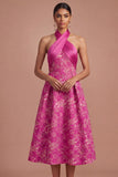 Fuchsia Floral Jacquard Halter A Line Midi Wedding Guest Dress