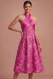 Fuchsia Floral Jacquard Halter A Line Midi Wedding Guest Dress