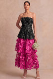 Fuchsia and Black Appliqued A Line Tiered Long Wedding Guest Dress