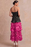 Fuchsia and Black Appliqued A Line Tiered Long Wedding Guest Dress