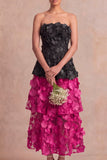 Fuchsia and Black Appliqued A Line Tiered Long Wedding Guest Dress