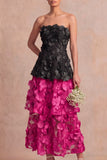 Fuchsia and Black Appliqued A Line Tiered Long Wedding Guest Dress