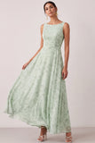 A Line Floral Round Neck Light Green Long Wedding Guest Dress