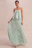 A Line Floral Pleated Light Green Long Wedding Guest Dress