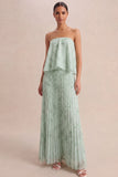 A Line Floral Pleated Light Green Long Wedding Guest Dress