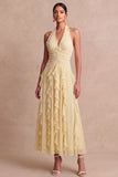 Light Yellow Halter Chiffon A Line Maxi Wedding Guest Dress with Ruffles