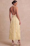 Light Yellow Halter Chiffon A Line Maxi Wedding Guest Dress with Ruffles