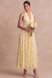 Light Yellow Halter Chiffon A Line Maxi Wedding Guest Dress with Ruffles
