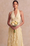 Light Yellow Halter Chiffon A Line Maxi Wedding Guest Dress with Ruffles