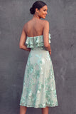 Mint Green Floral Appliqued Midi Wedding Guest Dress