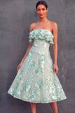 Mint Green Floral Appliqued Midi Wedding Guest Dress