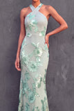Mint Green Floral Mermaid Long Wedding Guest Dress