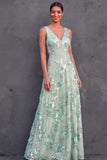 V Neck Mint Green Floral A Line Long Wedding Guest Dress