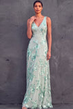 V Neck Mint Green Floral A Line Long Wedding Guest Dress