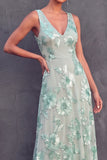 V Neck Mint Green Floral A Line Long Wedding Guest Dress