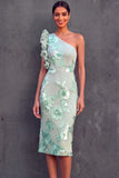 Mint Green Floral Sheath Midi Wedding Guest Dress with Ruffles