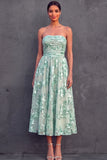 Mint Green A Line Midi Strapless Embroidered Wedding Guest Dress