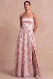 A Line Light Pink Strapless Long Wedding Guest Dress with Slit