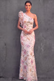 Mermaid One Shoulder Light Pink Ruffled Long Wedding Guest Dress