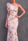 Mermaid One Shoulder Light Pink Ruffled Long Wedding Guest Dress