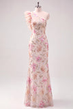 Mermaid One Shoulder Light Pink Ruffled Long Wedding Guest Dress
